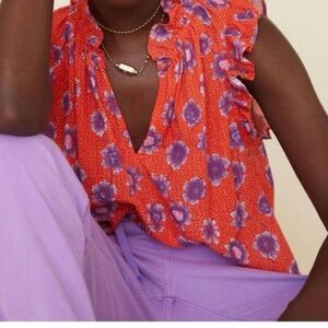 XiRENA Floral Ruffle Blouse - Red and Purple